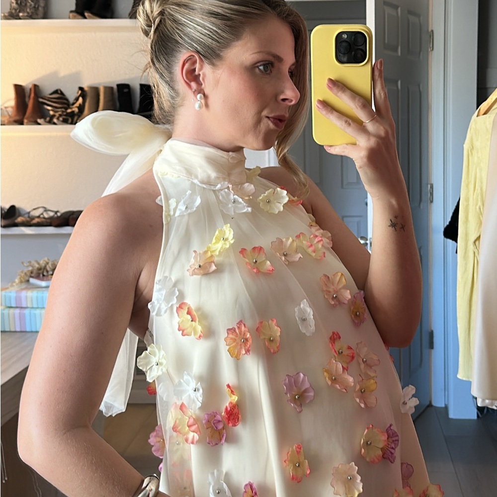 Elliatt Ivory Mini Dress with Pink & Yellow Floral Appliqués - Picture 3 of 3